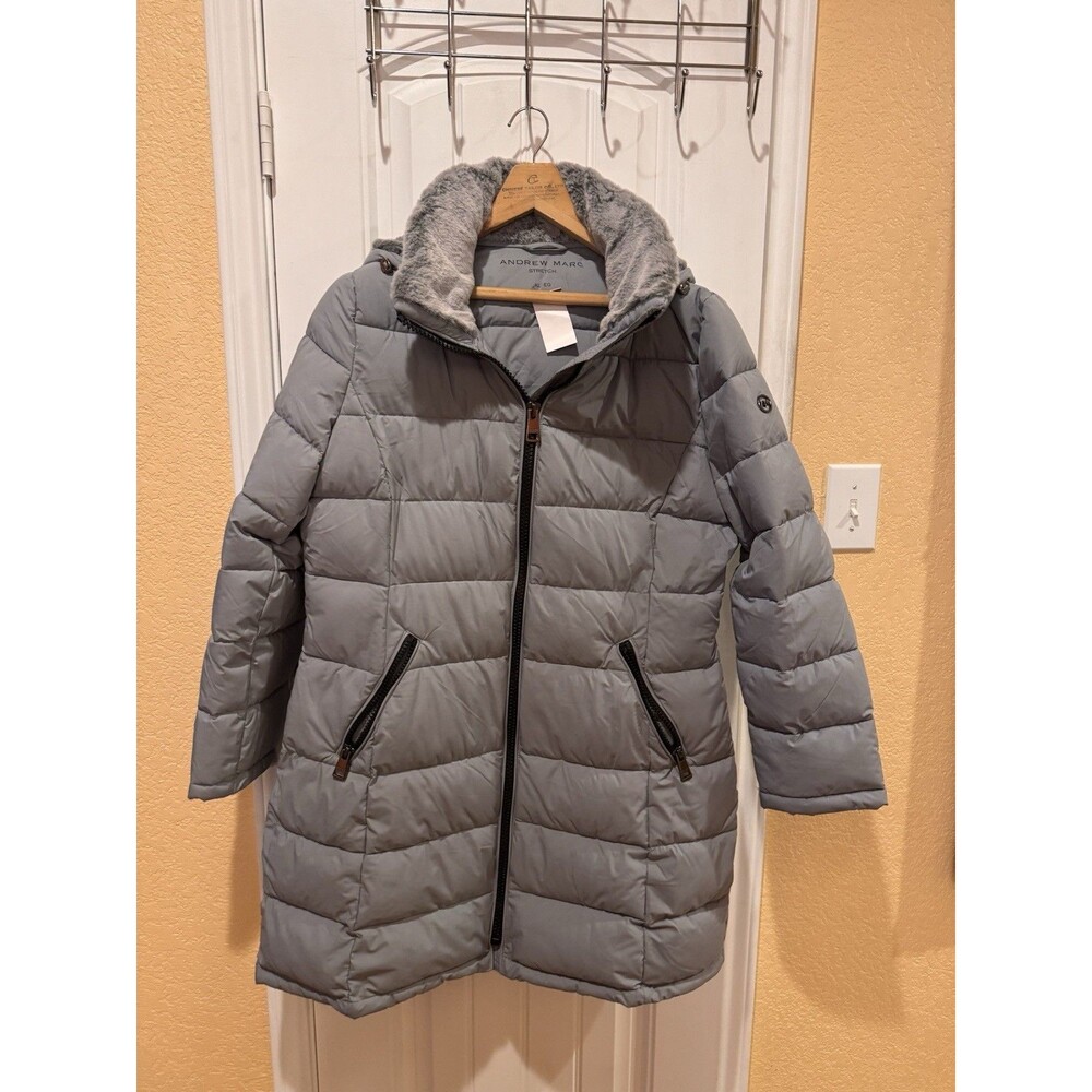 Andrew Marc Stretch Puffer Jacket XL Black Removable Fur Hood Grey - Picture 4 of 14